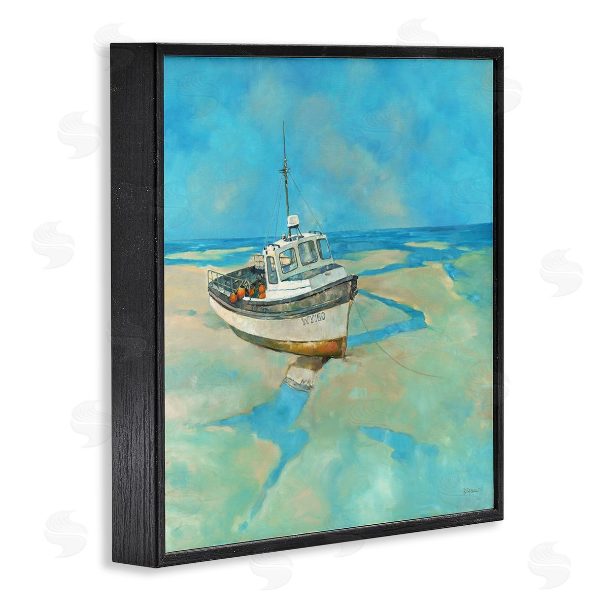 Graham Reynolds Docked Boat Low Tide Shore Black Framed Glicee Wall Art Print