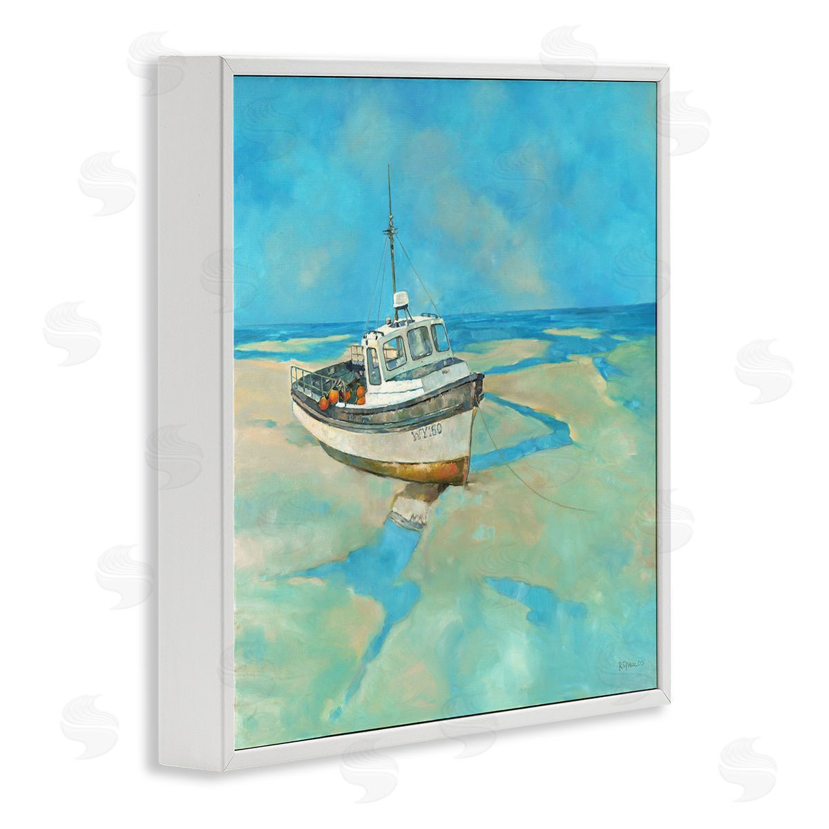 Graham Reynolds Docked Boat Low Tide Shore White Framed Glicee Wall Art Print