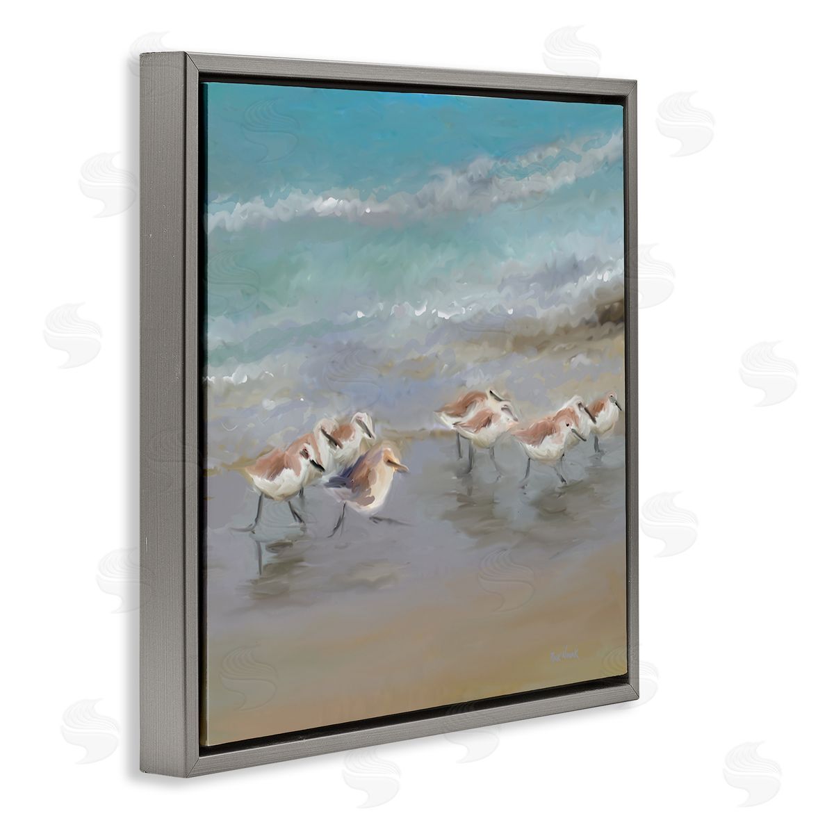 Rick Novak Coastal Sandpipers Beach Waves Shore Gray Floating Frame Canvas Wall Art Print