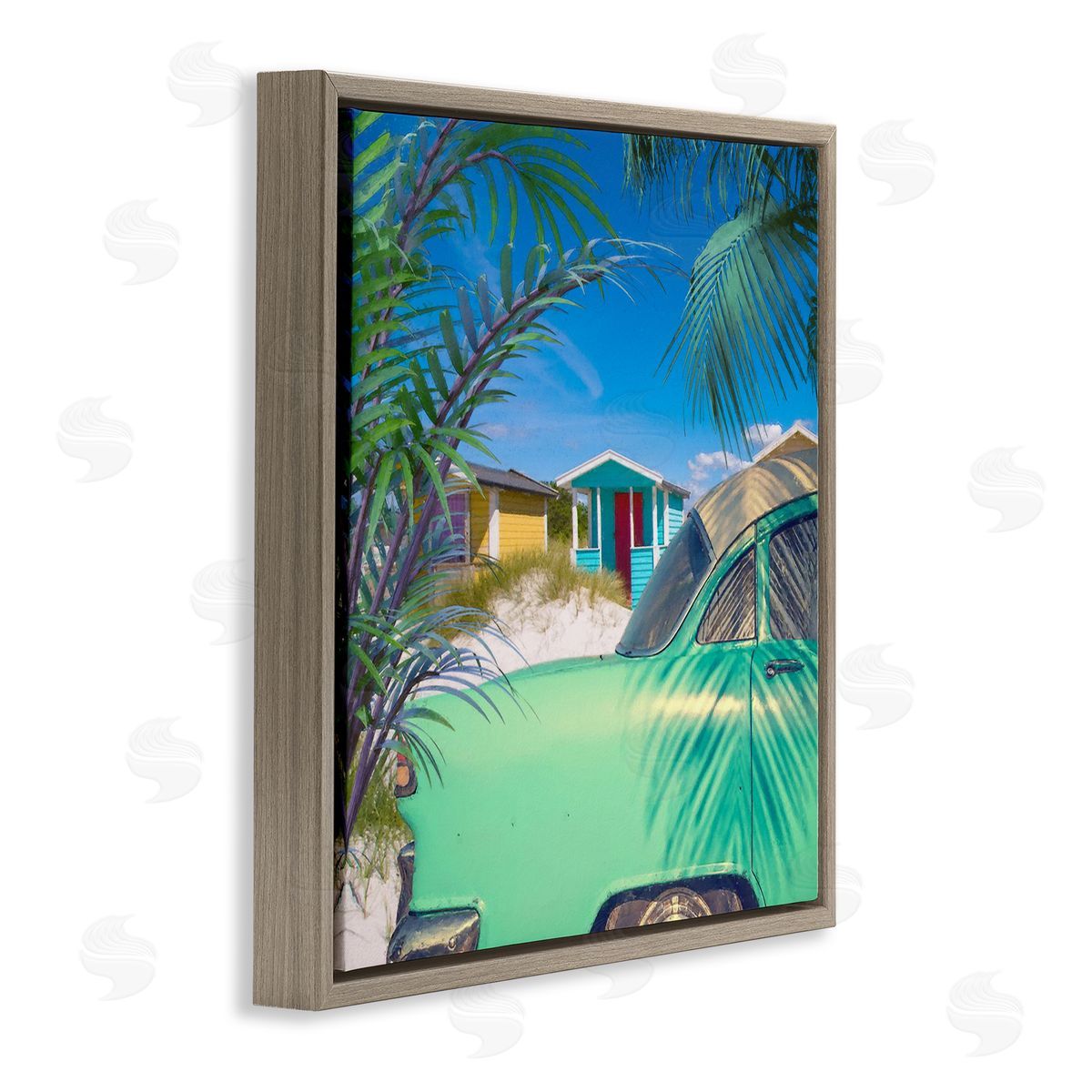 Steve Hunziker Vintage Car Coastal Vacation Cottages Brown Floating Frame Canvas Wall Art Print