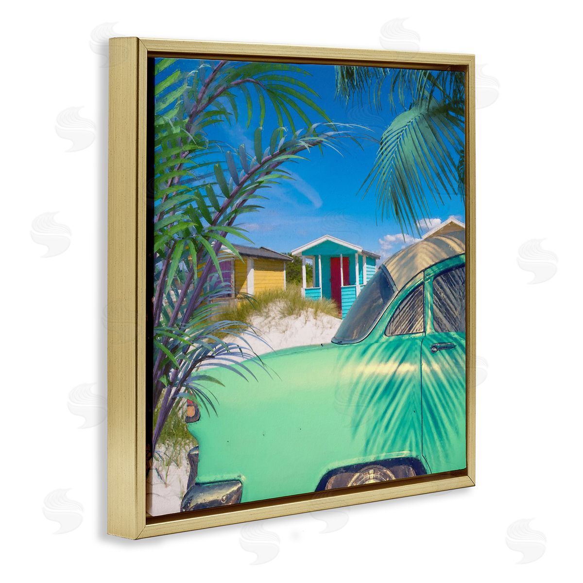 Steve Hunziker Vintage Car Coastal Vacation Cottages Gold Floating Frame Canvas Wall Art Print