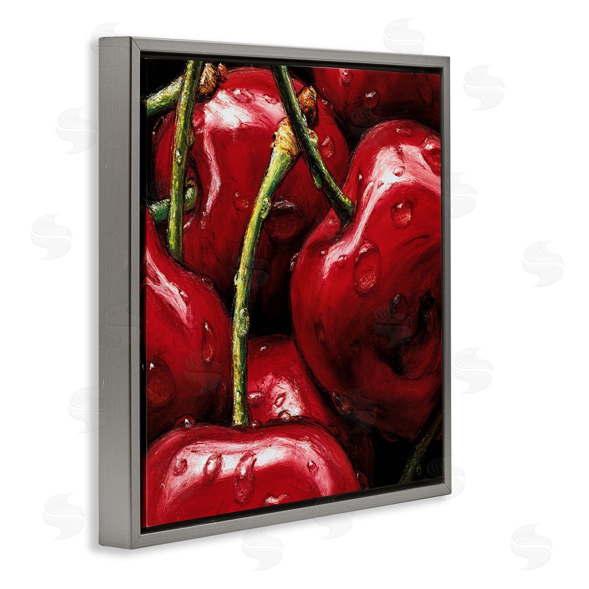Alma'Ch Juicy Red Cherries Close Up Gray Floating Frame Canvas Wall Art Print