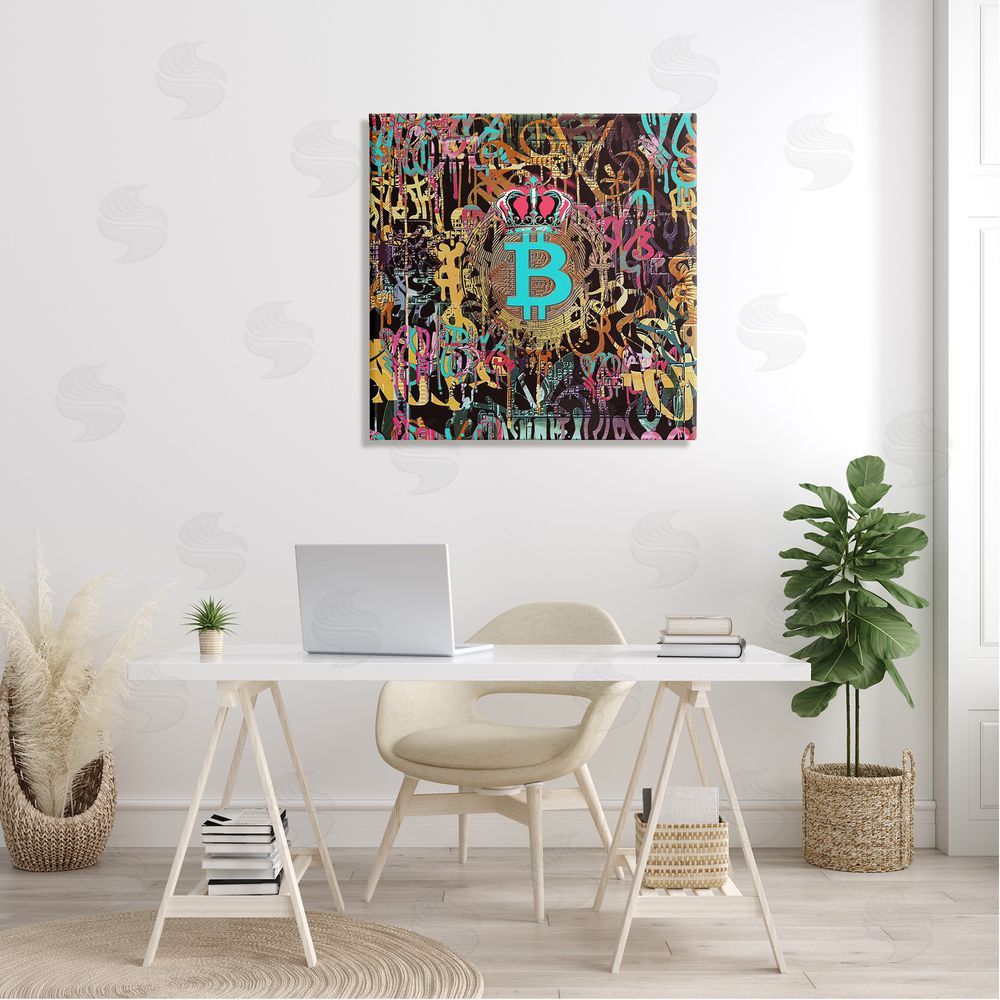 Irena Orlov Graffiti Street Style Bitcoin Symbol Canvas Wall Art in Room