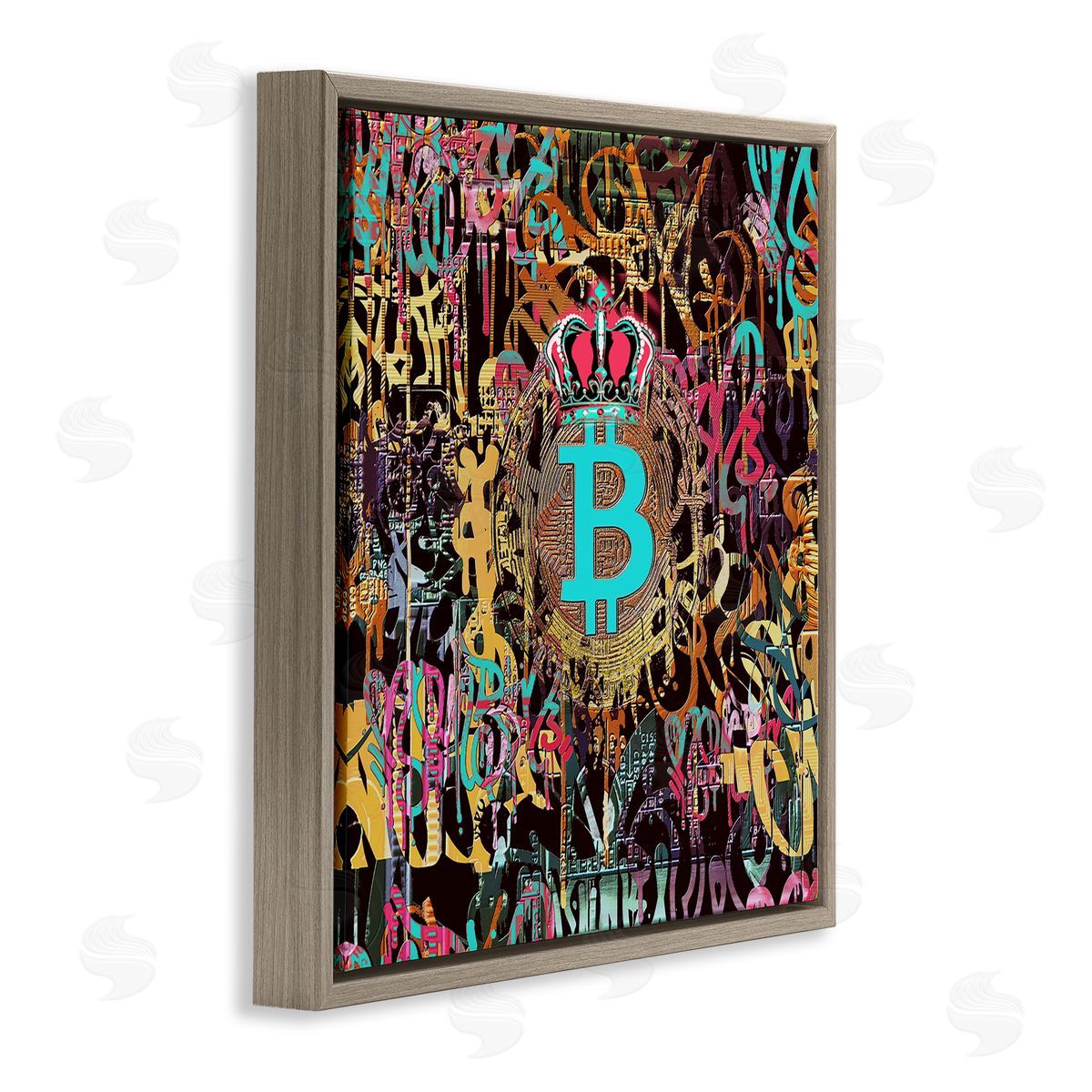 Irena Orlov Graffiti Street Style Bitcoin Symbol Brown Floating Frame Canvas Wall Art Print