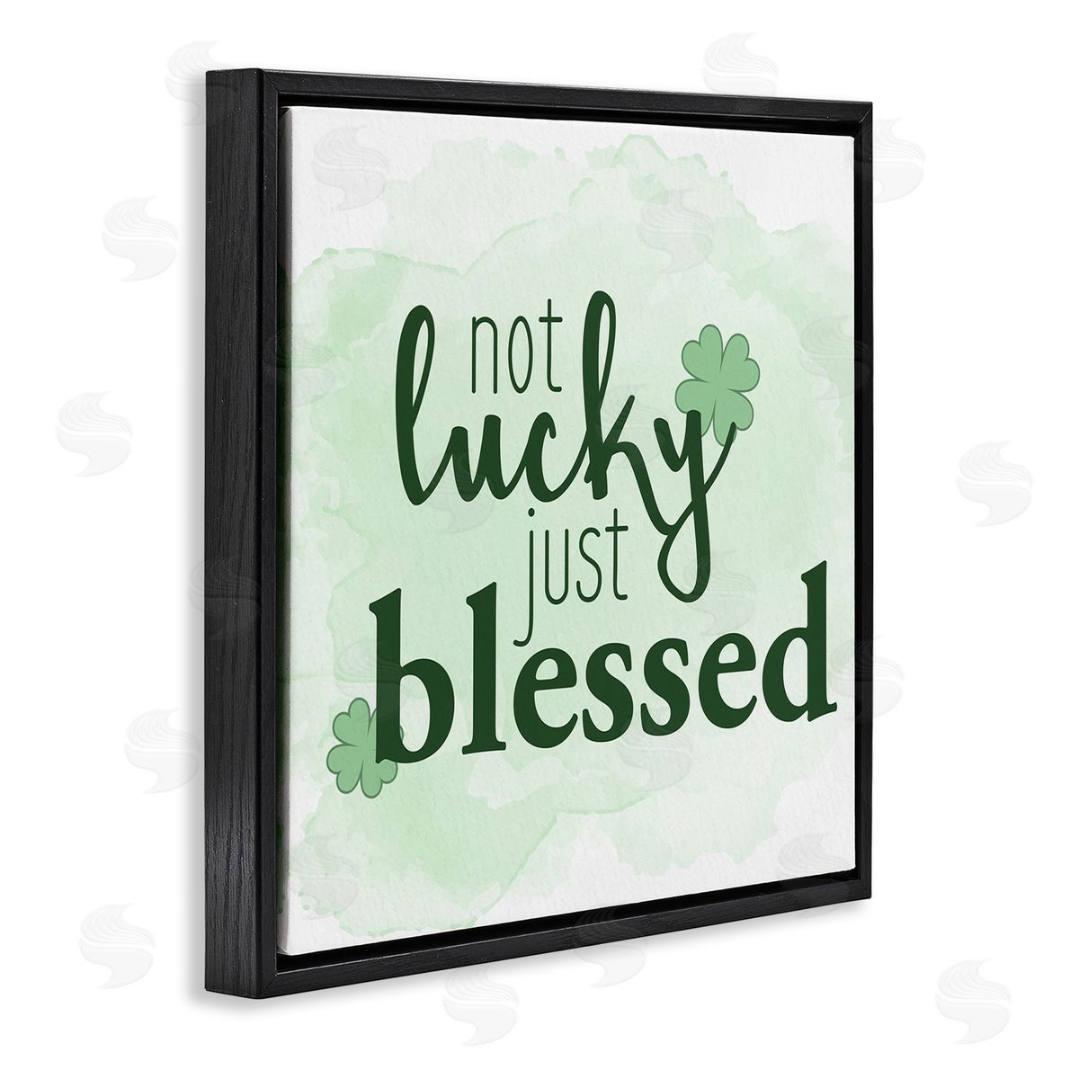 Just Blessed Green Shamrocks Black Floating Frame Canvas Wall Art, Home Decor by Kim Allen