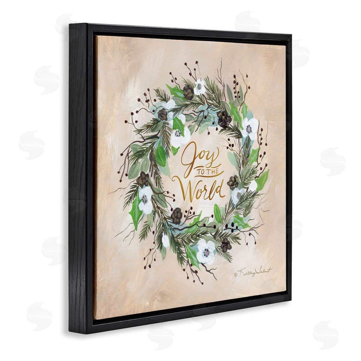 Kelley Talent Joy To The World Holiday Floral Wreath Black Floating Frame Canvas Wall Art Print