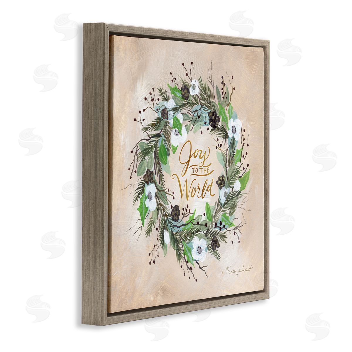 Kelley Talent Joy To The World Holiday Floral Wreath Brown Floating Frame Canvas Wall Art Print