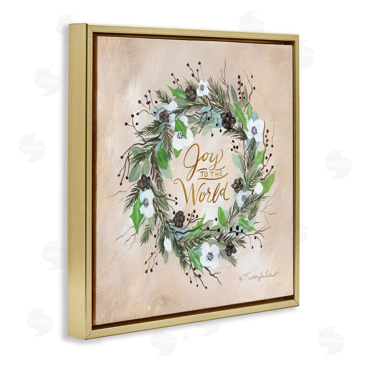 Kelley Talent Joy To The World Holiday Floral Wreath Gold Floating Frame Canvas Wall Art Print