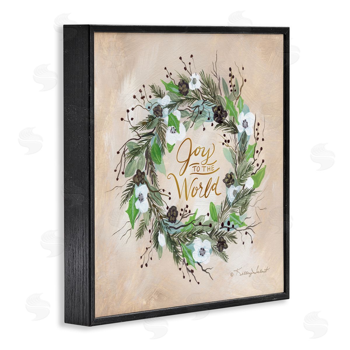 Kelley Talent Joy To The World Holiday Floral Wreath Black Framed Glicee Wall Art Print