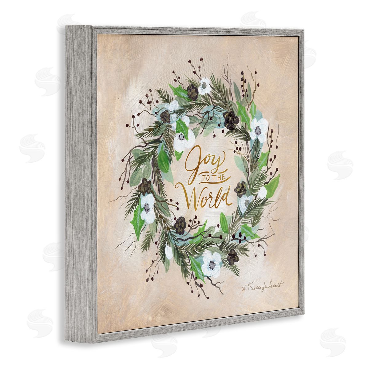 Kelley Talent Joy To The World Holiday Floral Wreath Gray Framed Glicee Wall Art Print