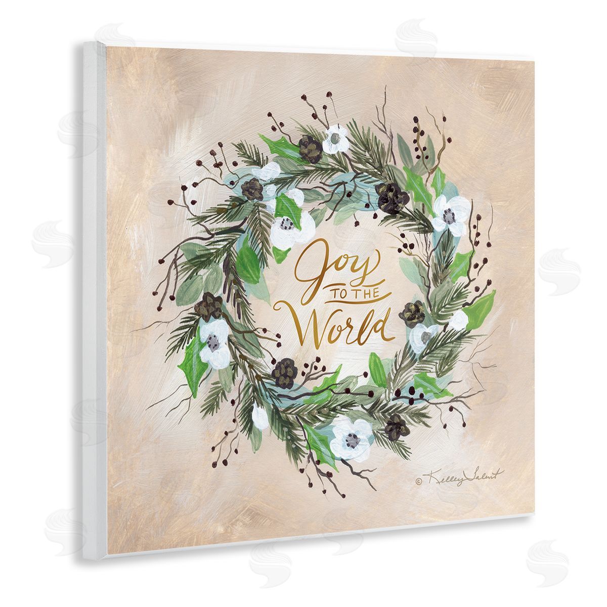 Kelley Talent Joy To The World Holiday Floral Wreath Wooden Wall Plaque Art Print