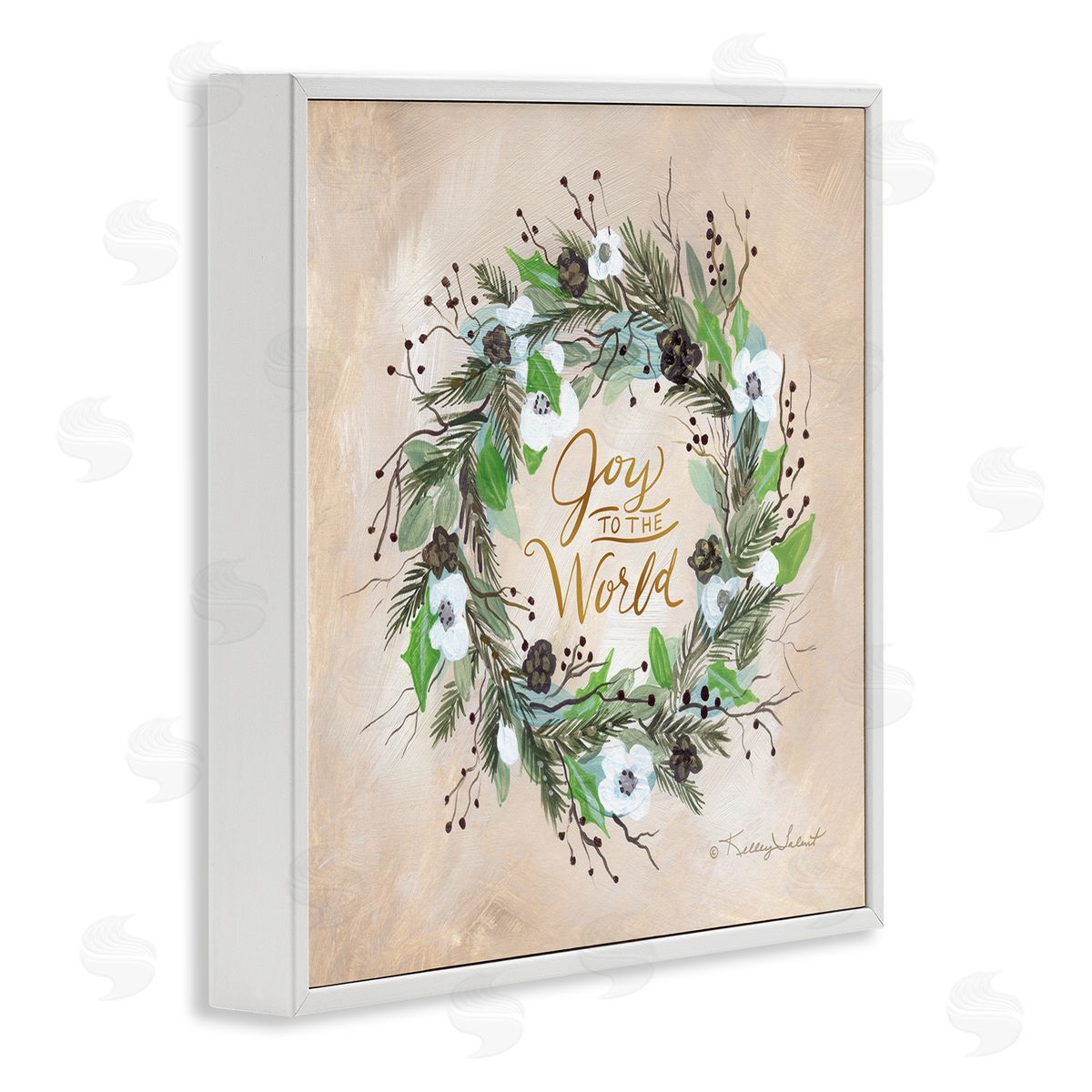 Kelley Talent Joy To The World Holiday Floral Wreath White Framed Glicee Wall Art Print