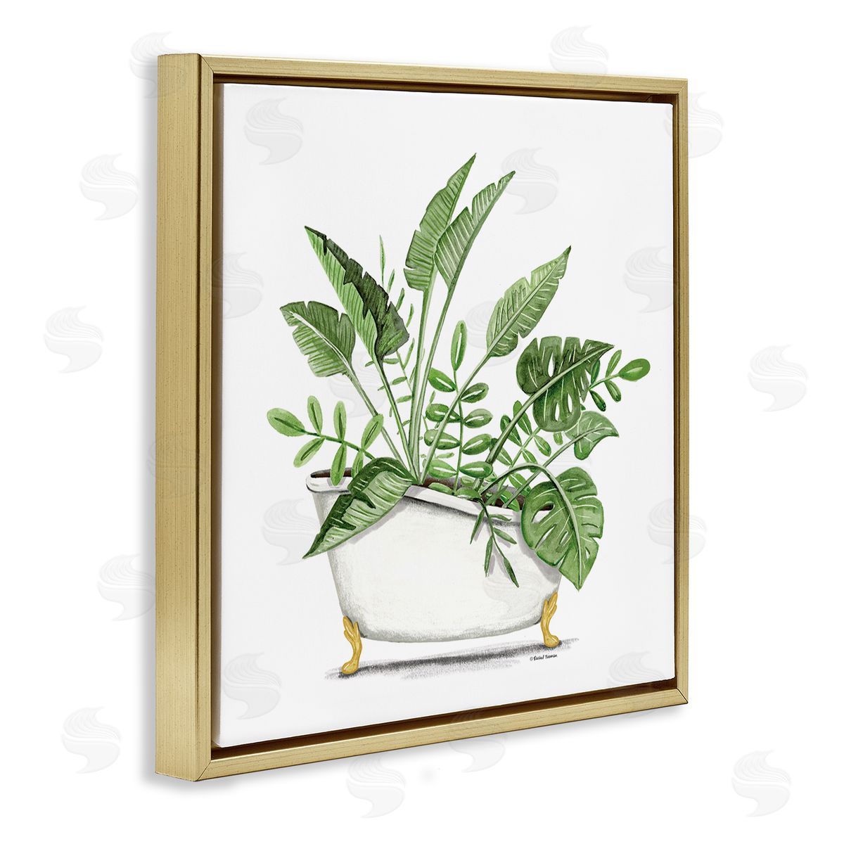 Rachel Nieman Tropical Monstera Plants Vintage Tub Gold Floating Frame Canvas Wall Art Print
