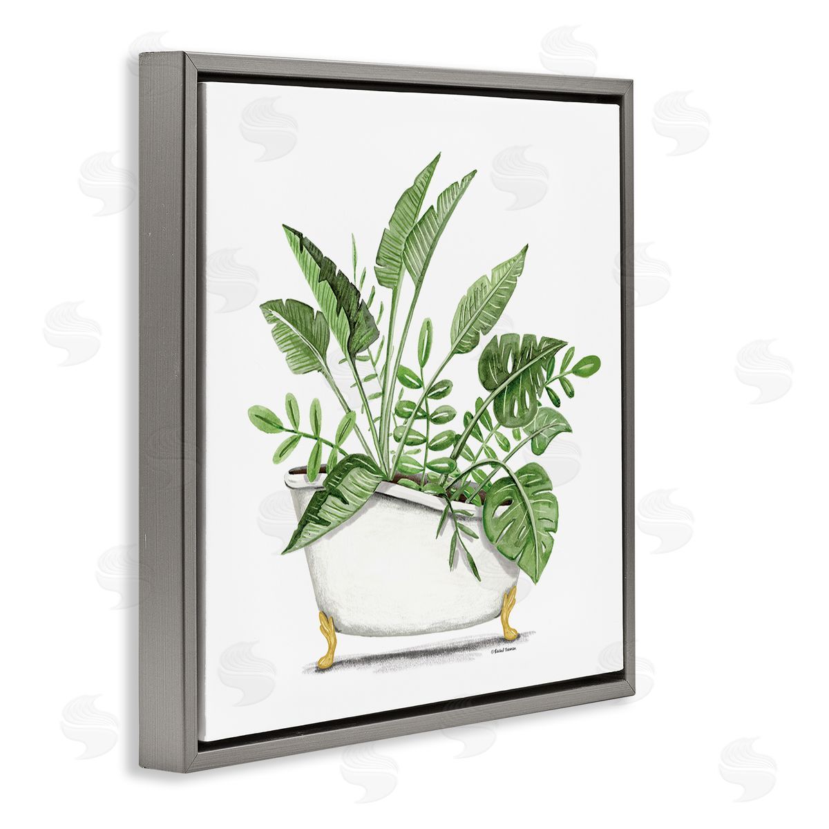 Rachel Nieman Tropical Monstera Plants Vintage Tub Gray Floating Frame Canvas Wall Art Print