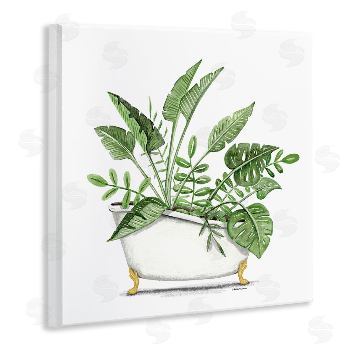 Rachel Nieman Tropical Monstera Plants Vintage Tub Wooden Wall Plaque Art Print
