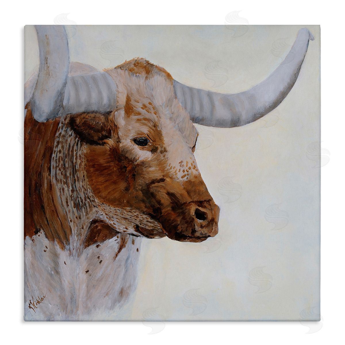 Kathy Winkler Rural Longhorn Cow Face Portrait  Stretched Canvas Wall Art Print