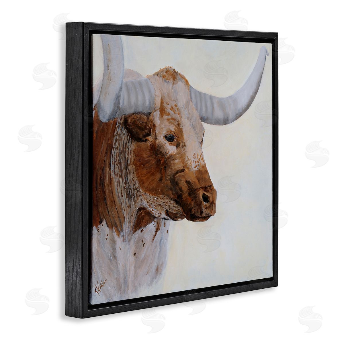Kathy Winkler Rural Longhorn Cow Face Portrait  Black Floating Frame Canvas Wall Art Print