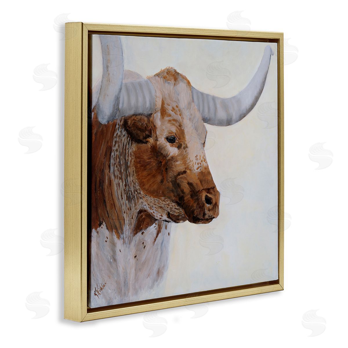 Kathy Winkler Rural Longhorn Cow Face Portrait  Gold Floating Frame Canvas Wall Art Print