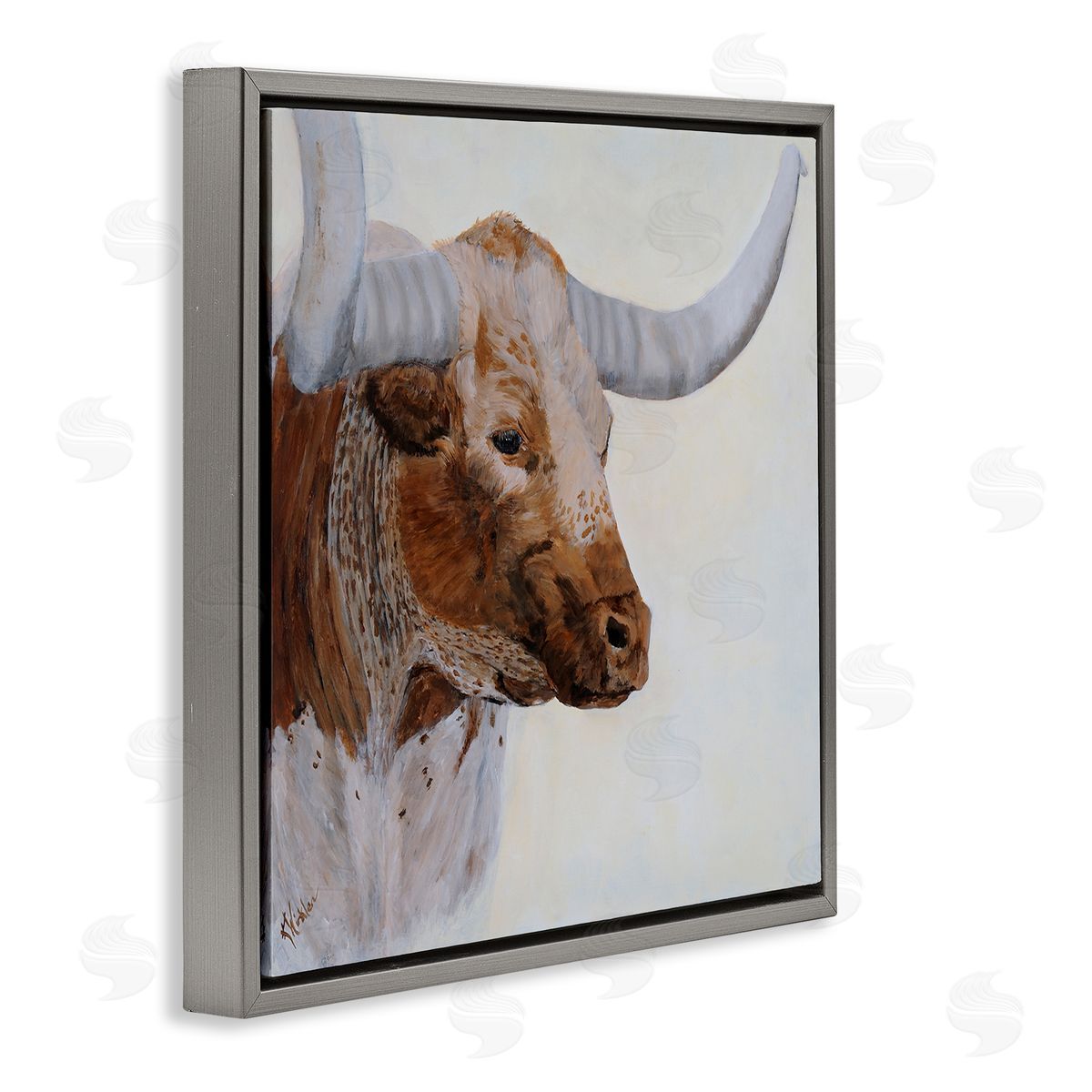 Kathy Winkler Rural Longhorn Cow Face Portrait  Gray Floating Frame Canvas Wall Art Print