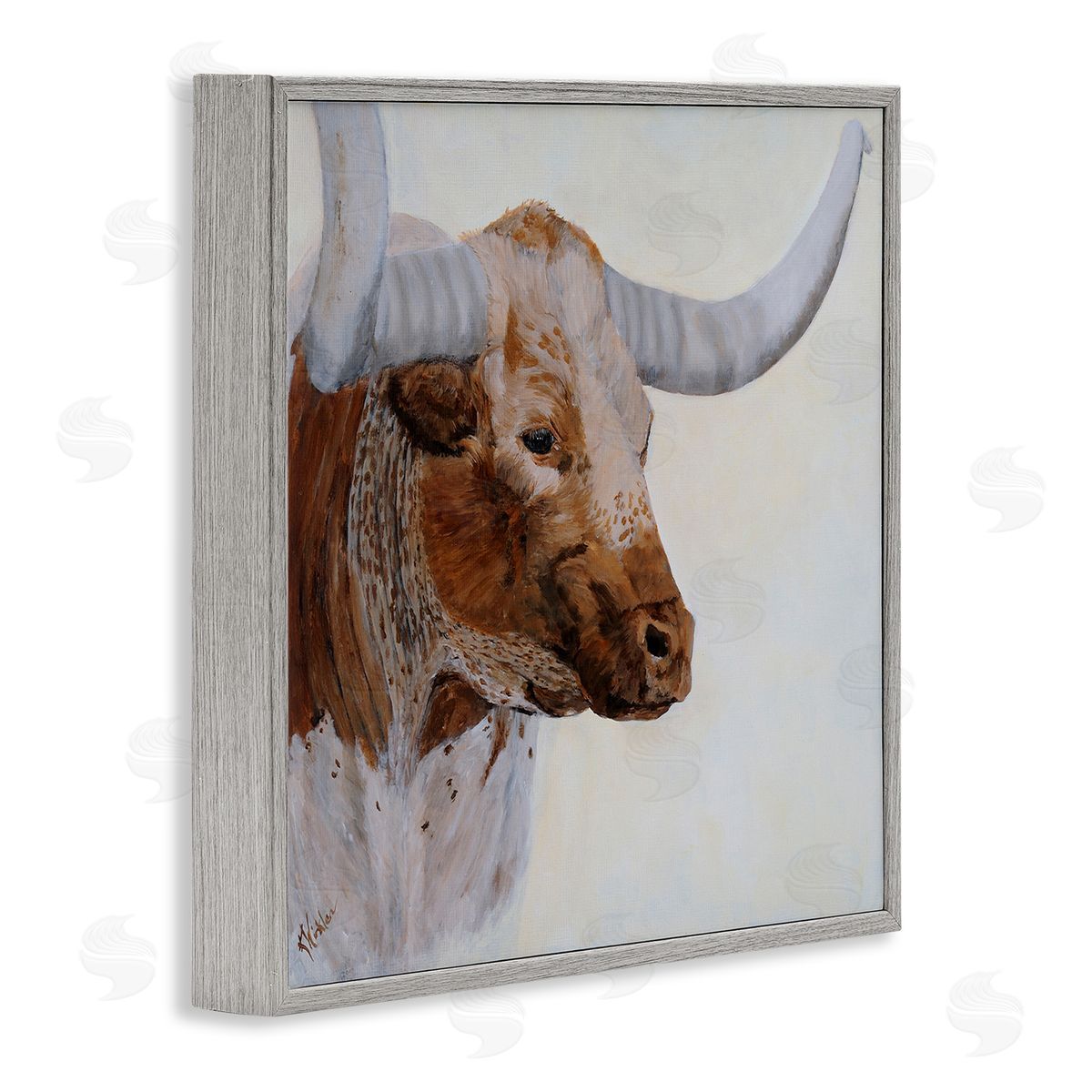 Kathy Winkler Rural Longhorn Cow Face Portrait  Gray Framed Glicee Wall Art Print