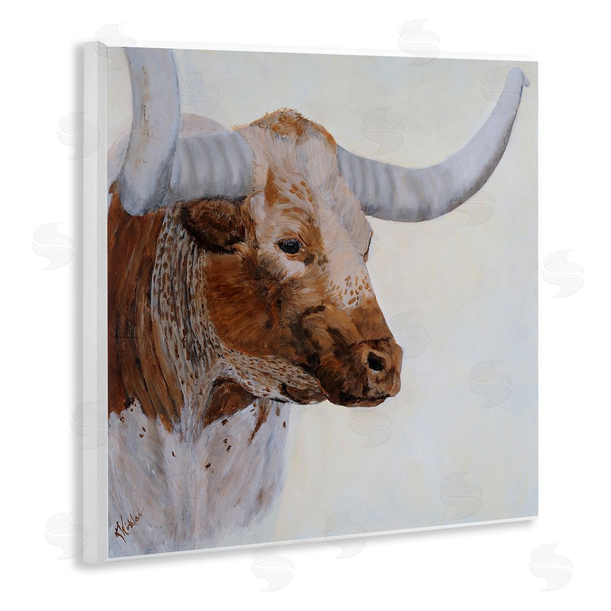 Kathy Winkler Rural Longhorn Cow Face Portrait  Wooden Wall Plaque Art Print