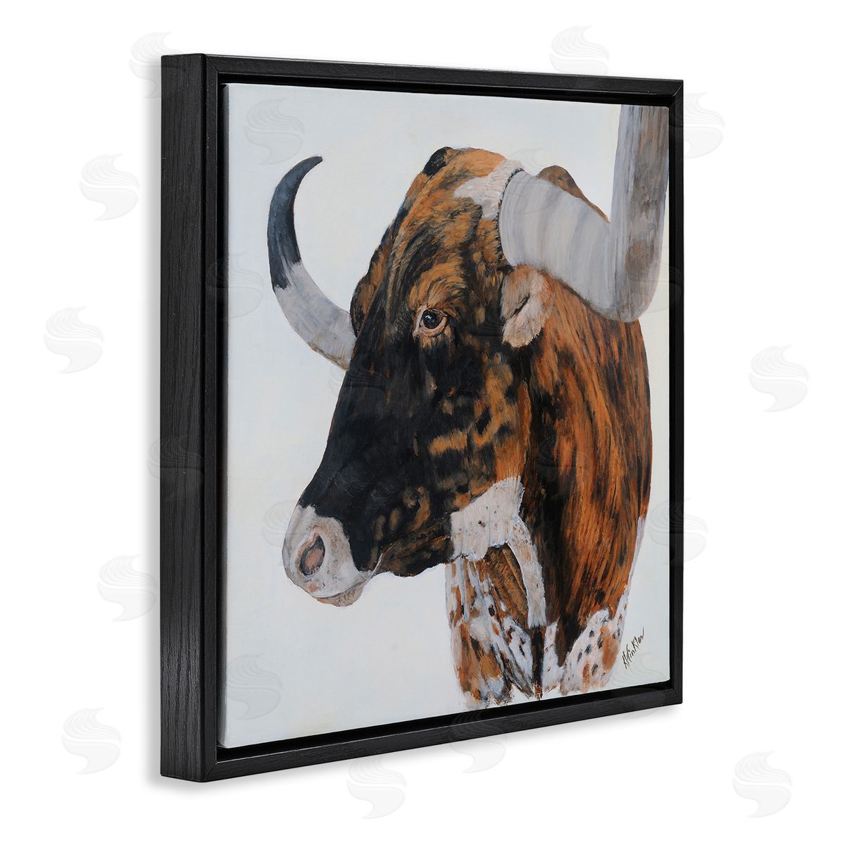 Kathy Winkler Longhorn Cattle Farmhouse Portrait Black Floating Frame Canvas Wall Art Print