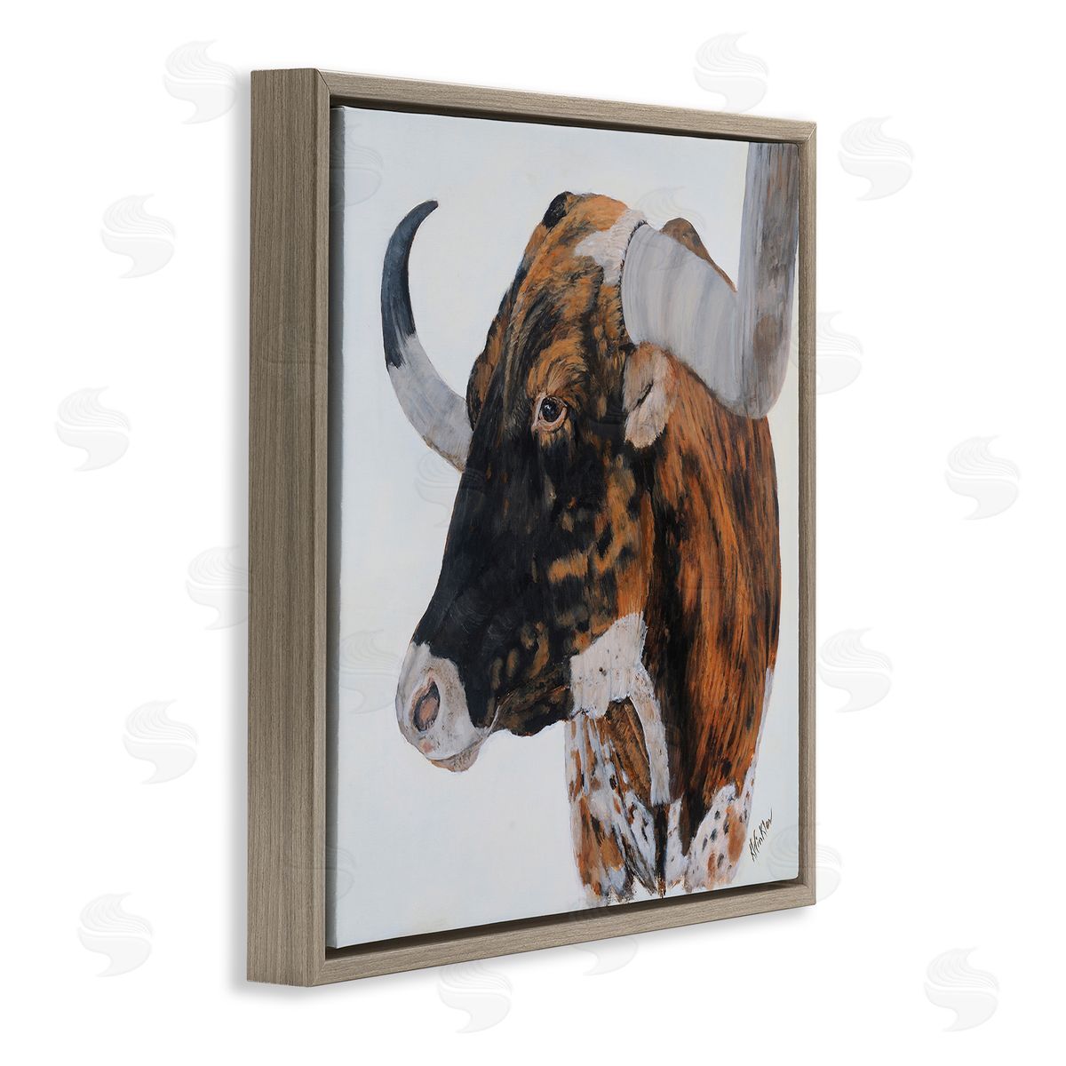 Kathy Winkler Longhorn Cattle Farmhouse Portrait Brown Floating Frame Canvas Wall Art Print