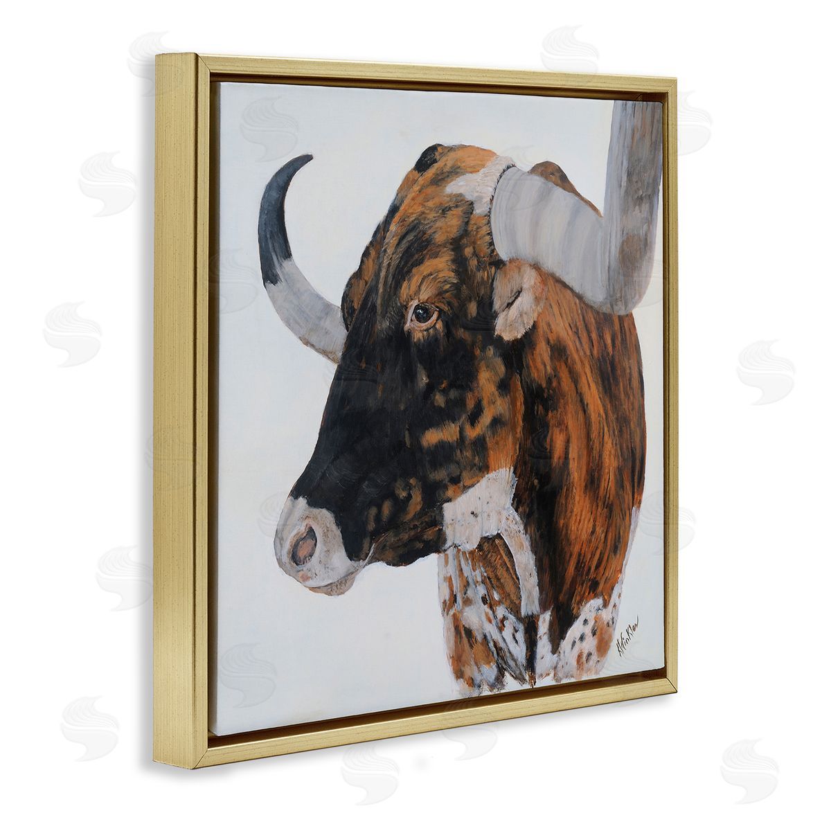 Kathy Winkler Longhorn Cattle Farmhouse Portrait Gold Floating Frame Canvas Wall Art Print