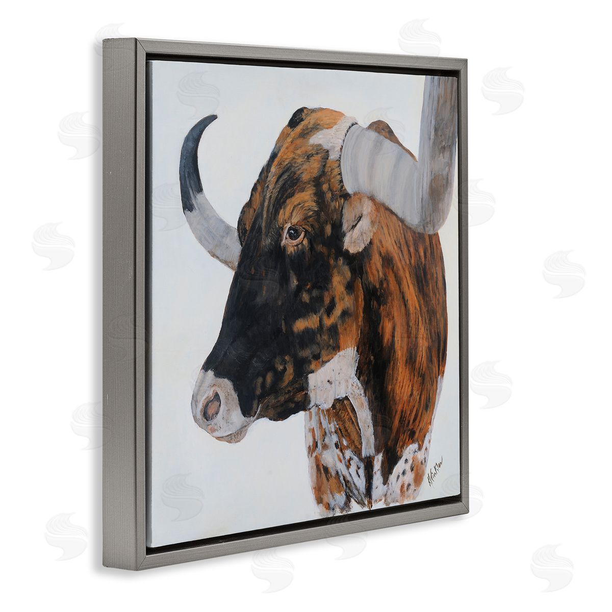 Kathy Winkler Longhorn Cattle Farmhouse Portrait Gray Floating Frame Canvas Wall Art Print