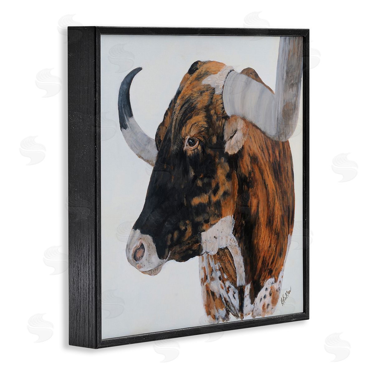 Kathy Winkler Longhorn Cattle Farmhouse Portrait Black Framed Glicee Wall Art Print
