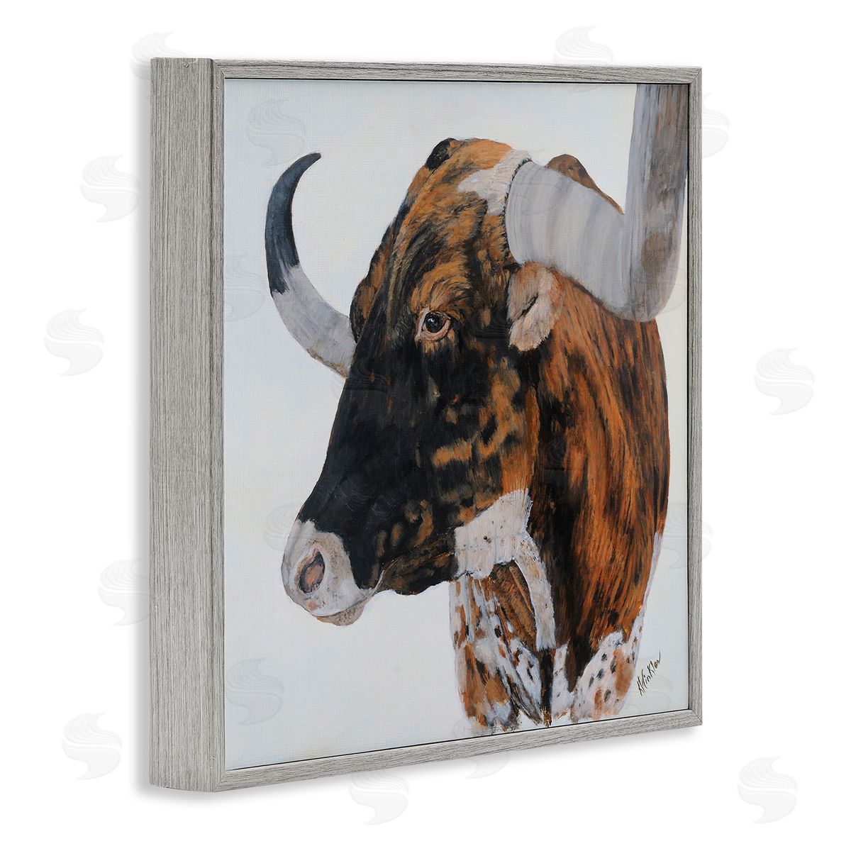 Kathy Winkler Longhorn Cattle Farmhouse Portrait Gray Framed Glicee Wall Art Print