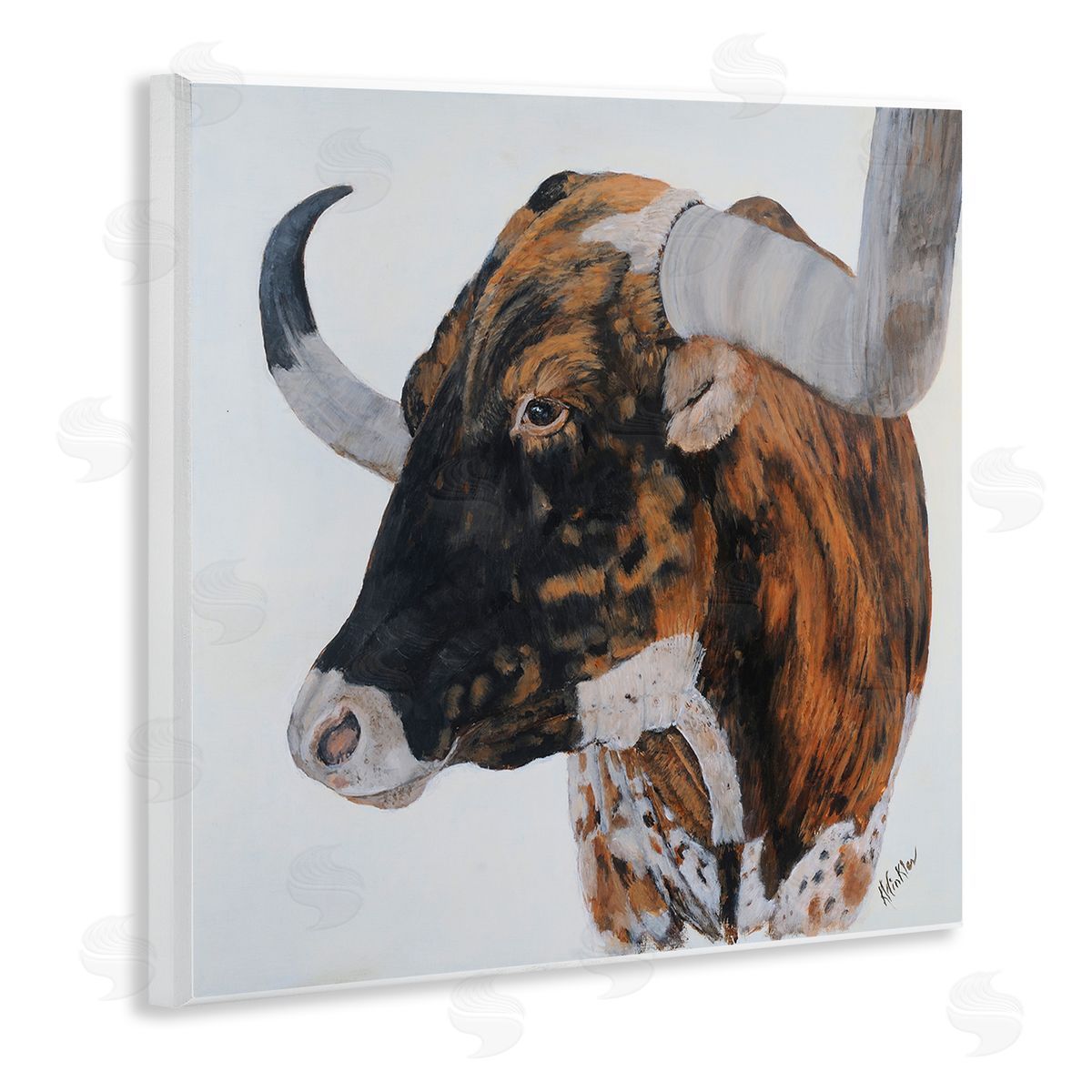 Kathy Winkler Longhorn Cattle Farmhouse Portrait Wooden Wall Plaque Art Print