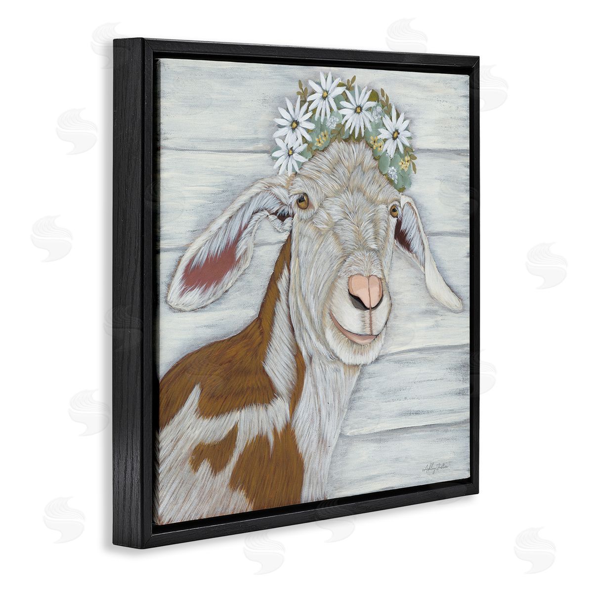 Ashley Justice Country Goat Daisy Flower Crown Black Floating Frame Canvas Wall Art Print