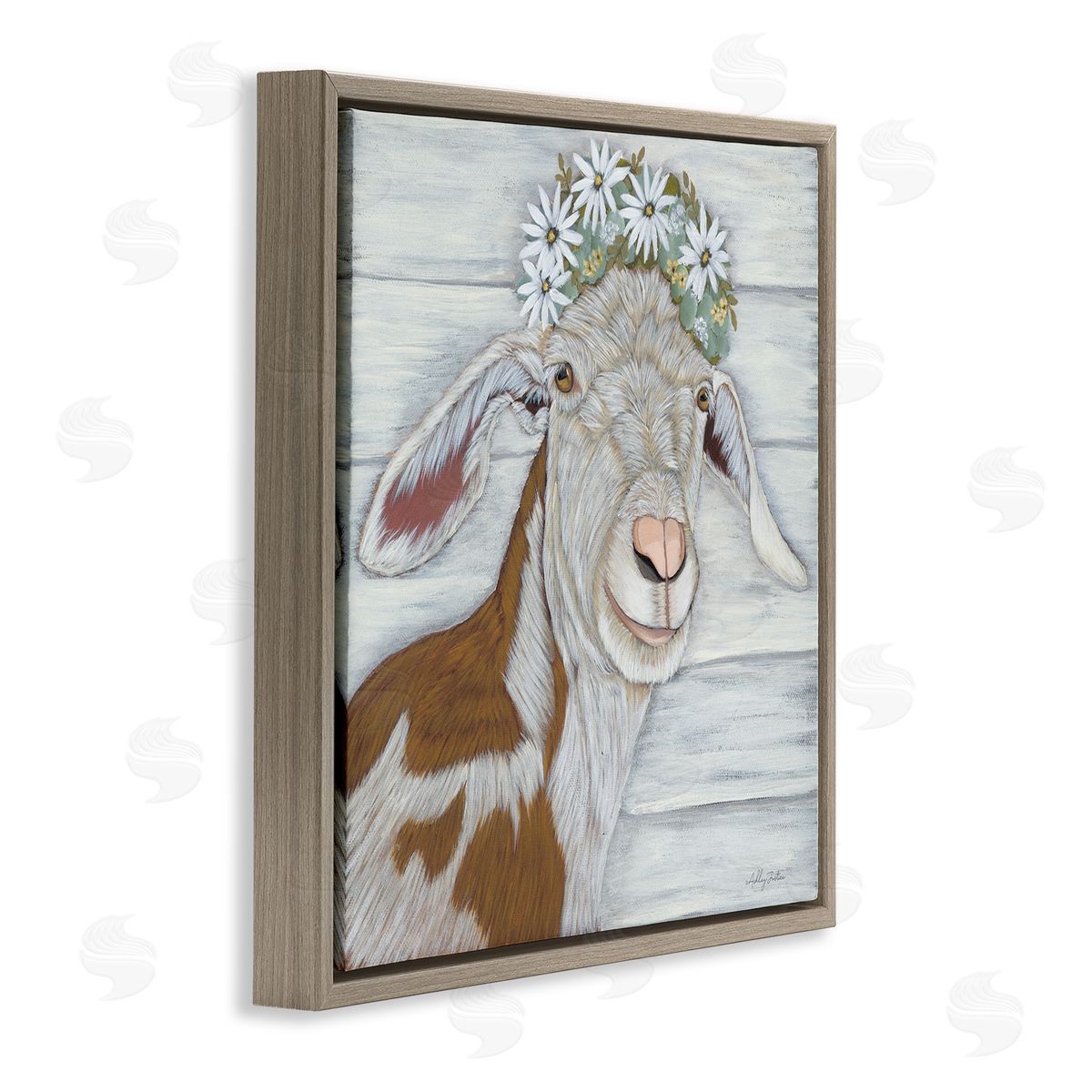 Ashley Justice Country Goat Daisy Flower Crown Brown Floating Frame Canvas Wall Art Print