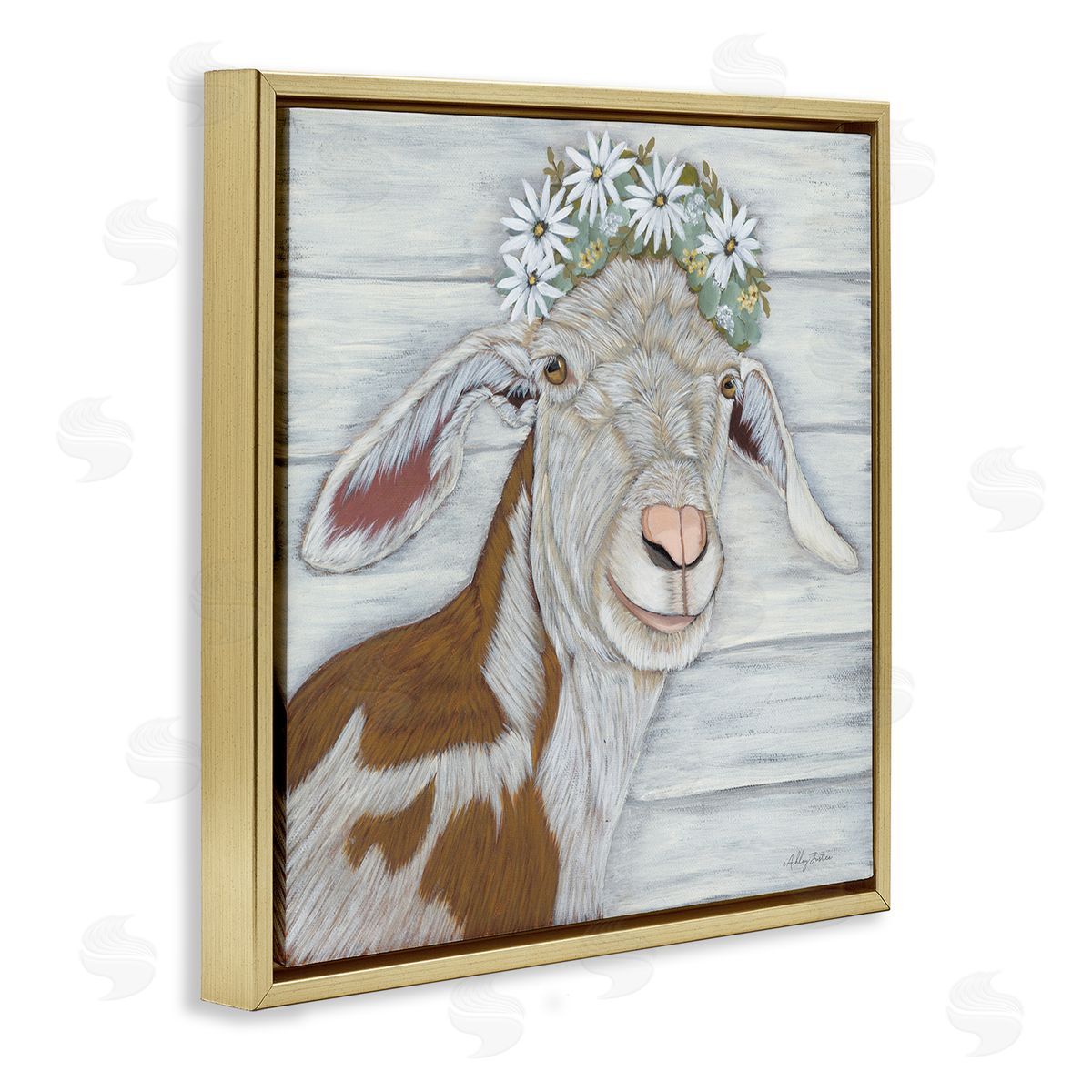 Ashley Justice Country Goat Daisy Flower Crown Gold Floating Frame Canvas Wall Art Print