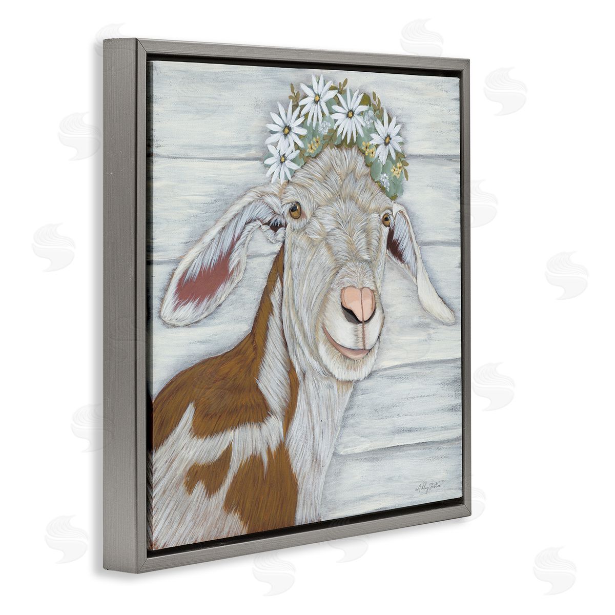 Ashley Justice Country Goat Daisy Flower Crown Gray Floating Frame Canvas Wall Art Print