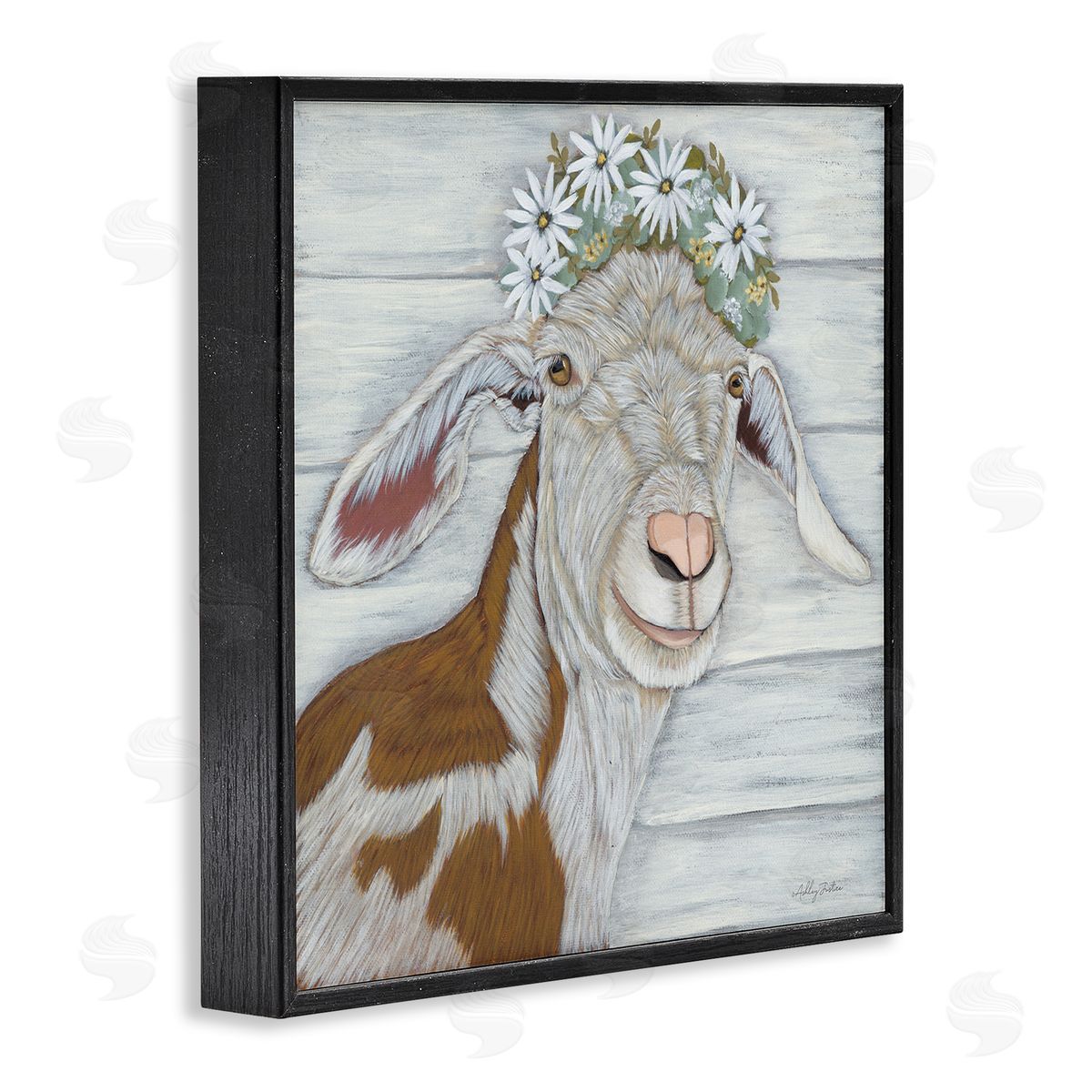Ashley Justice Country Goat Daisy Flower Crown Black Framed Glicee Wall Art Print