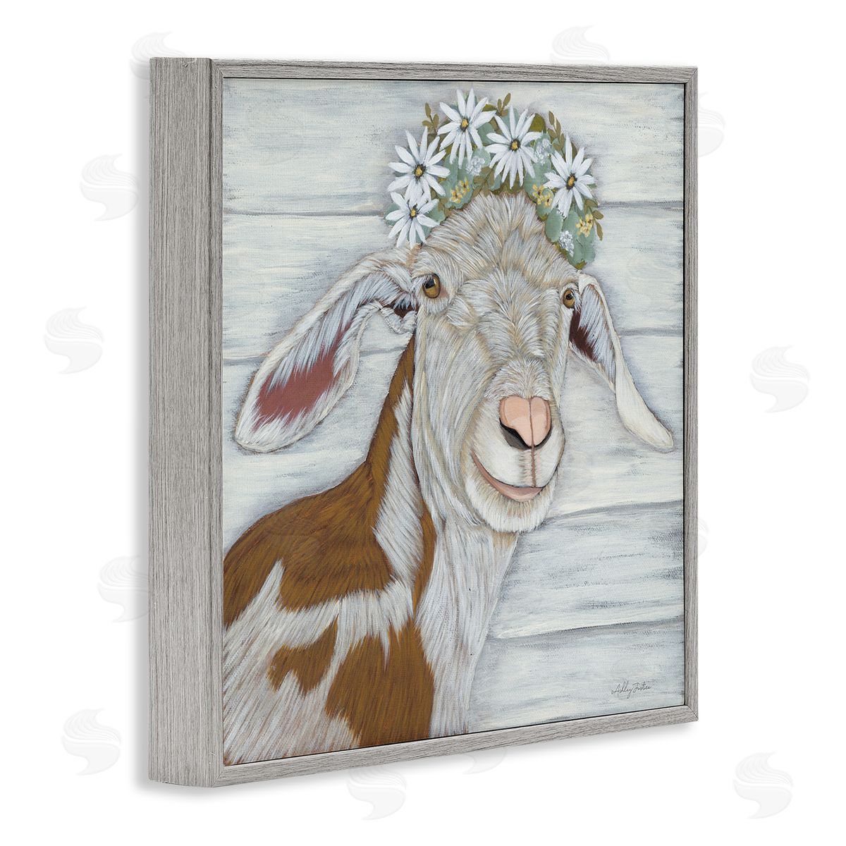 Ashley Justice Country Goat Daisy Flower Crown Gray Framed Glicee Wall Art Print