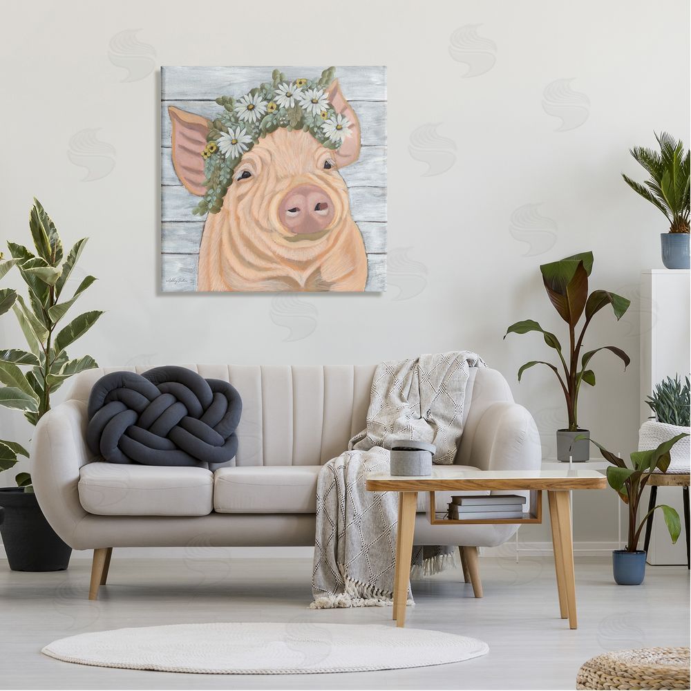 Ashley Justice Happy Pig Daisy Blossom Crown Canvas Wall Art in Room