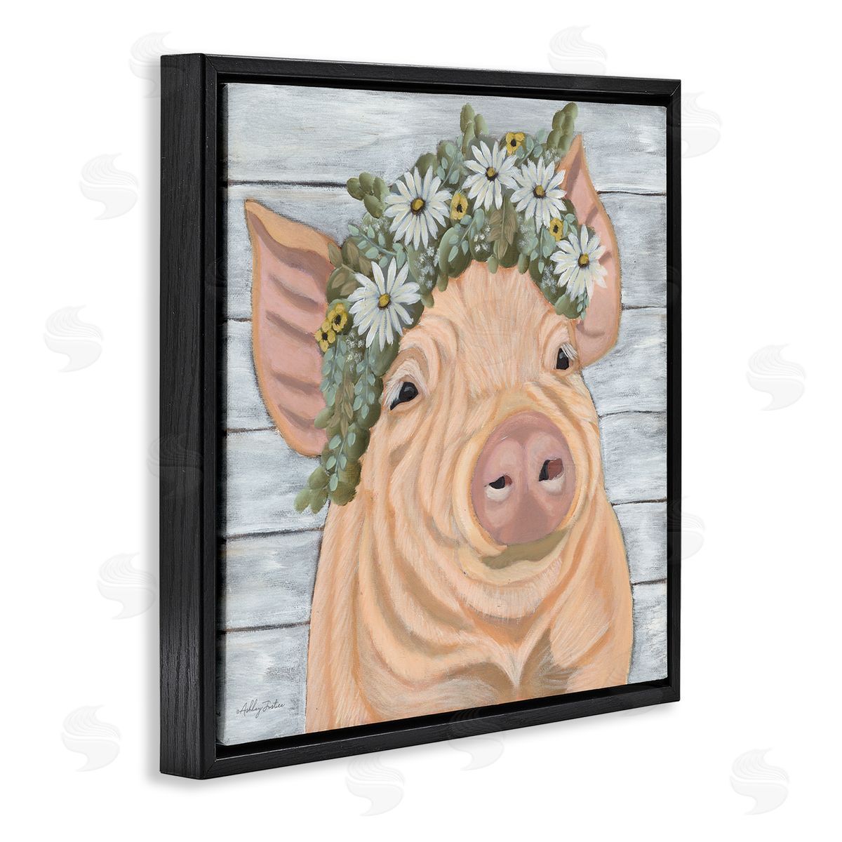 Ashley Justice Happy Pig Daisy Blossom Crown Black Floating Frame Canvas Wall Art Print