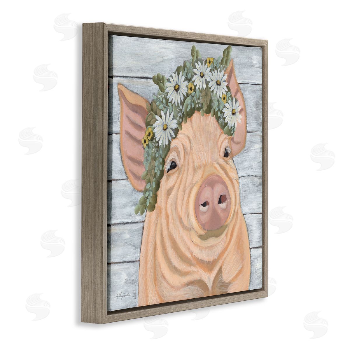 Ashley Justice Happy Pig Daisy Blossom Crown Brown Floating Frame Canvas Wall Art Print