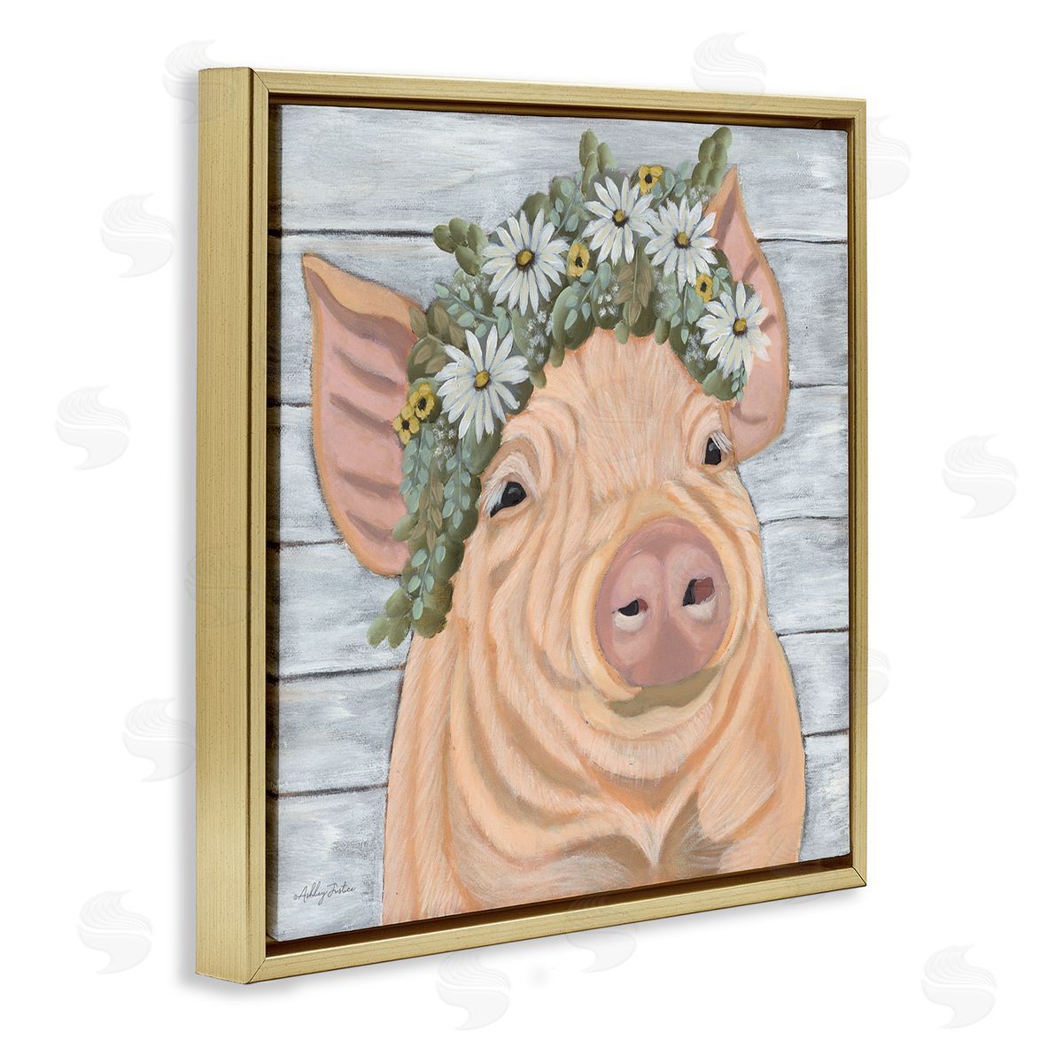 Ashley Justice Happy Pig Daisy Blossom Crown Gold Floating Frame Canvas Wall Art Print