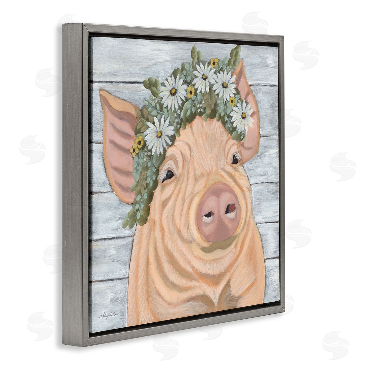 Ashley Justice Happy Pig Daisy Blossom Crown Gray Floating Frame Canvas Wall Art Print