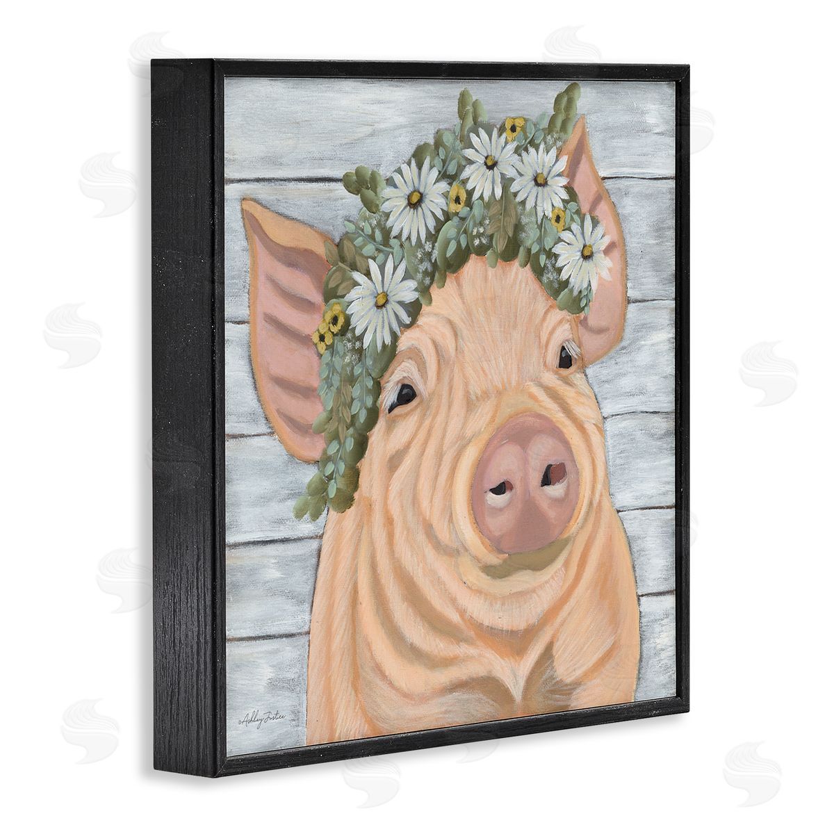 Ashley Justice Happy Pig Daisy Blossom Crown Black Framed Glicee Wall Art Print
