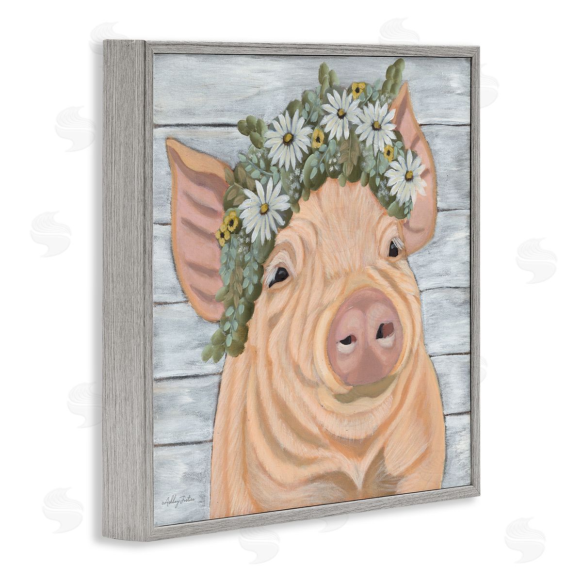 Ashley Justice Happy Pig Daisy Blossom Crown Gray Framed Glicee Wall Art Print