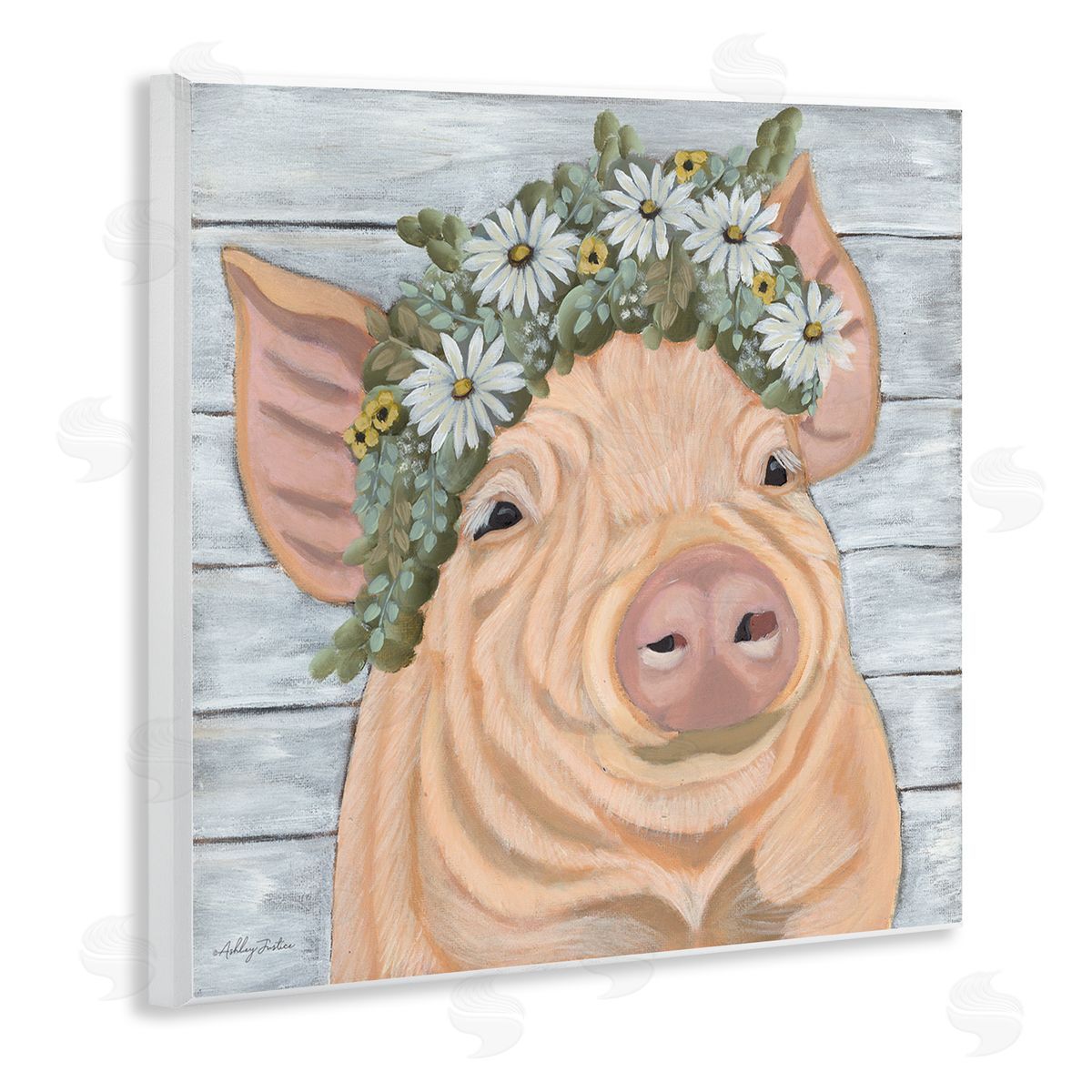 Ashley Justice Happy Pig Daisy Blossom Crown Wooden Wall Plaque Art Print