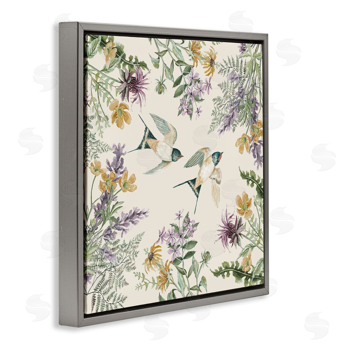 Cindy Jacobs Two Birds Cottage Floral Herbs Gray Floating Frame Canvas Wall Art Print