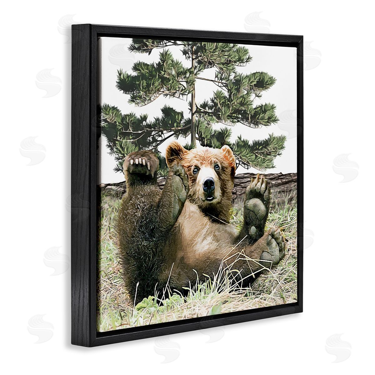 Kim Curinga Playing Bear Cub Forest Trees Black Floating Frame Canvas Wall Art Print