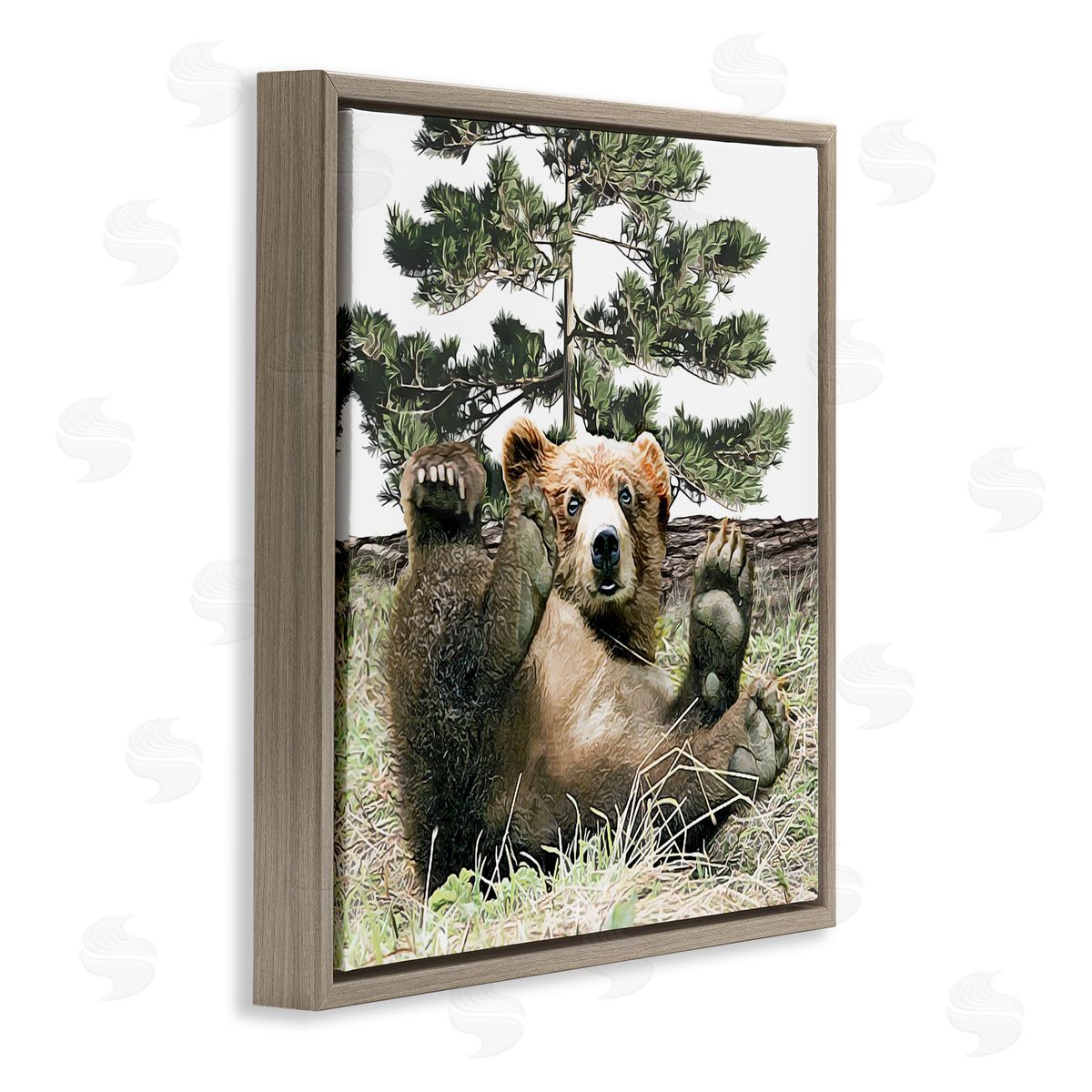 Kim Curinga Playing Bear Cub Forest Trees Brown Floating Frame Canvas Wall Art Print
