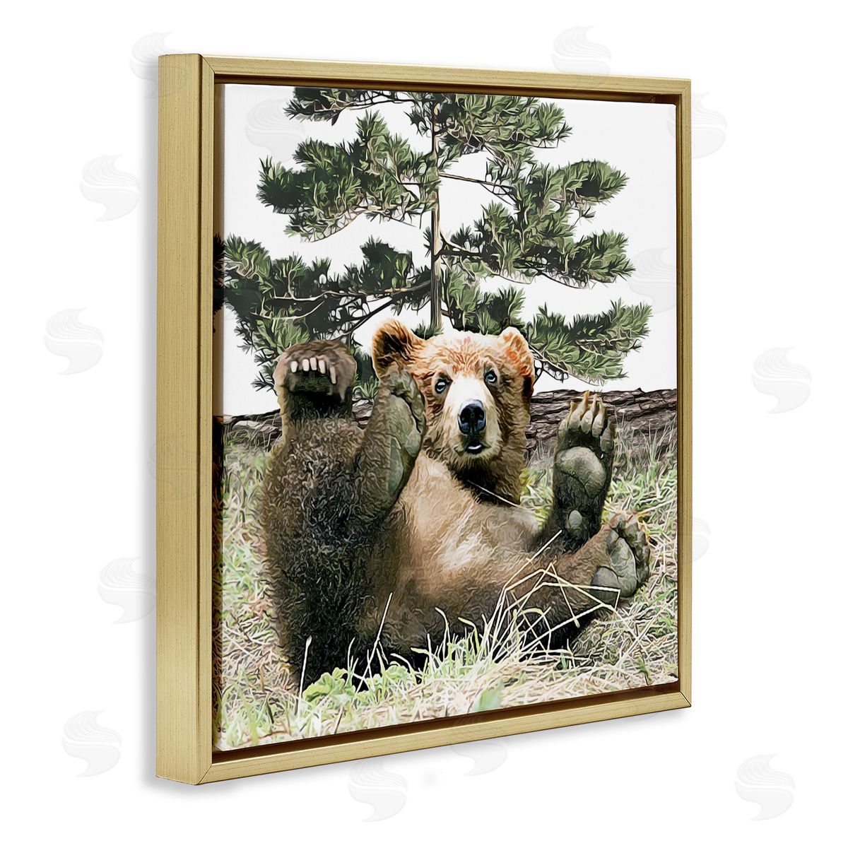 Kim Curinga Playing Bear Cub Forest Trees Gold Floating Frame Canvas Wall Art Print